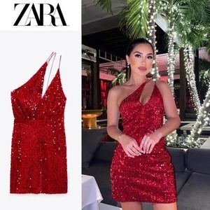 ZARA Blogger Favorite Red Velvet Sequin Dress Size Small Cocktail Party